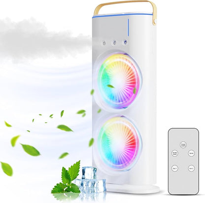 double-ended spray mini fan designed to provide cool, moist air. Dual Fans: Equipped with two fans for enhanced airflow.Has a 280ml water tank for a cooling mist effect. Compact and lightweight with a car
