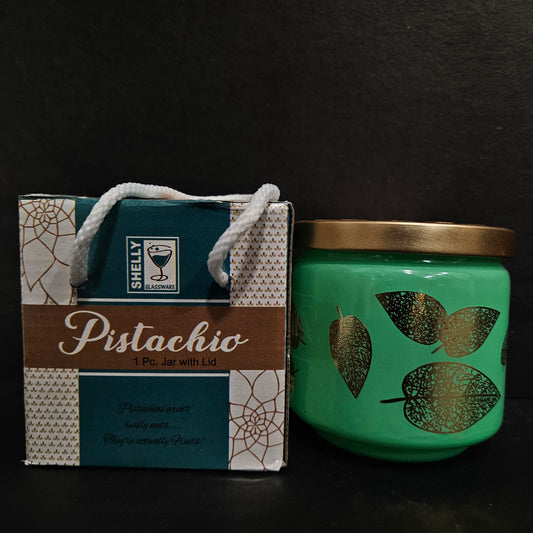 Shelly glassware pistachio Green glass jar with Leaves Designed & gold coloured lid