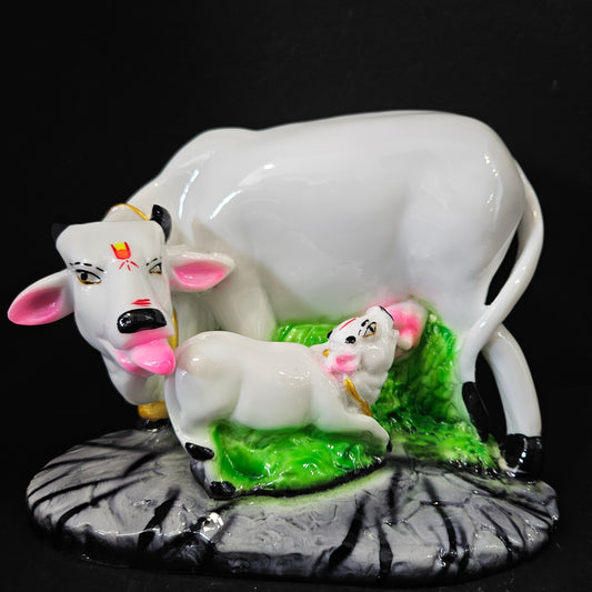 Cow With Calf Statue in Marble Dust, Holy Cow Idol, Showpiece for Home Decor, Handmade Divine Cow, Mother Cow with Baby Calf, kamdhenu