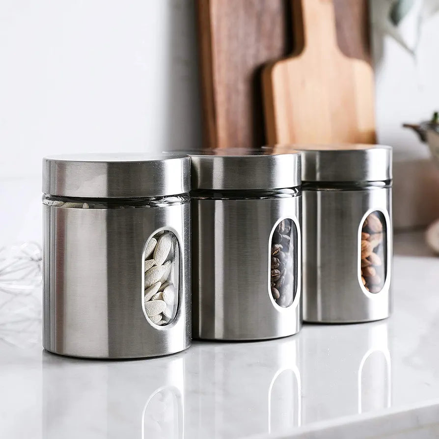 Brushed Stainless Steel and Glass Canister with Window Set of 3 piece Storage Containers