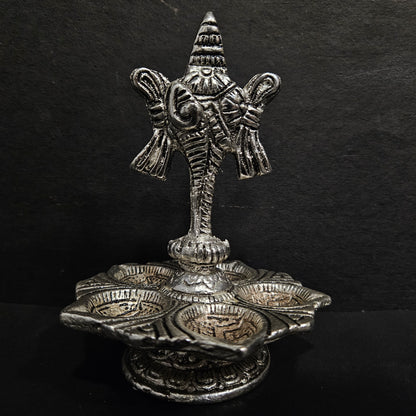 Tirupati Balaji Vilakku Panch Mukhi Silver colour Diya,Vinayaka diya,peacock diya,with Stand Decorative Showpiece