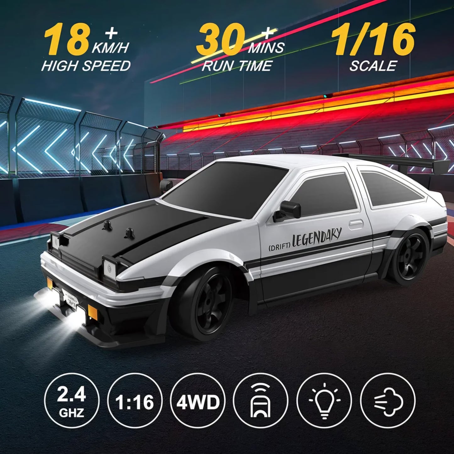 Moka RC Drift Car 1/16 Scale 2.4Ghz Remote Control Car, 18KM/H High Speed Drift RC Cars for Boys, Sport Racing Cars with 2 Batteries and 4 Drifting Tires, RTR RC Drift Racing Car with LED Lights