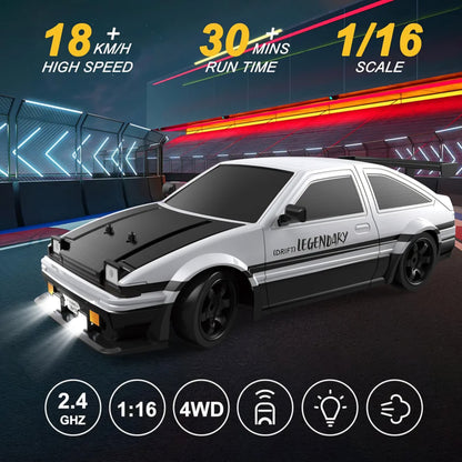 Moka RC Drift Car 1/16 Scale 2.4Ghz Remote Control Car, 18KM/H High Speed Drift RC Cars for Boys, Sport Racing Cars with 2 Batteries and 4 Drifting Tires, RTR RC Drift Racing Car with LED Lights