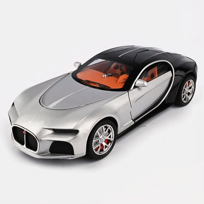 Bugatti Atlantic Diecast Model Car Alloy Metal Pull Back Die-Cast Car Pullback Toy with Openable Doors Light and Music Gift Toys for Kids - Silver/Black