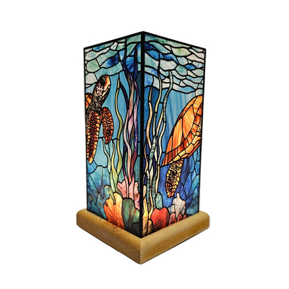 Acrylic sea turtle lamp features a vibrant underwater scene printed on a clear square panel perfect for Bedroom's