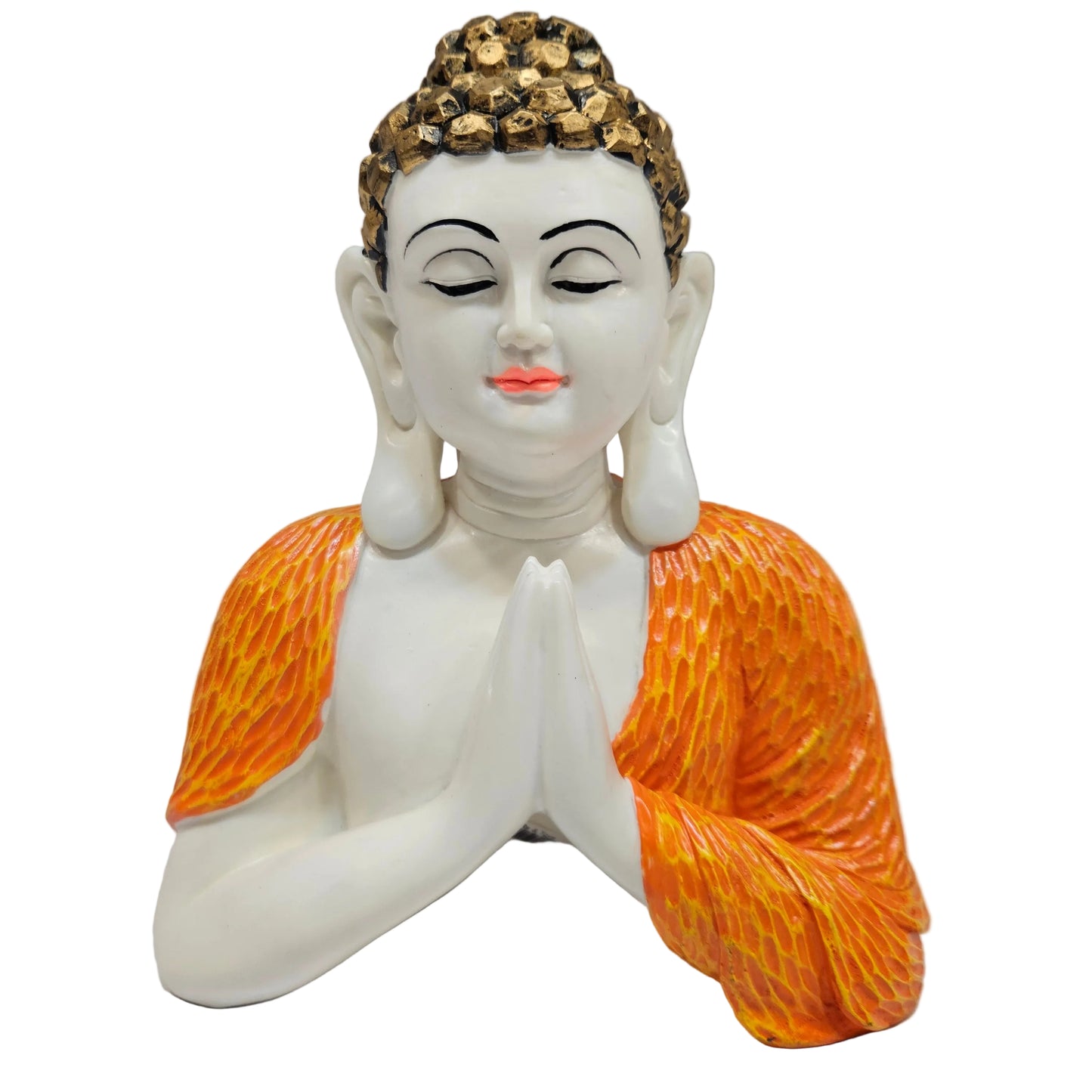 handcrafted Orange and White Polyresin meditating Buddha statue featuring a unique texture
