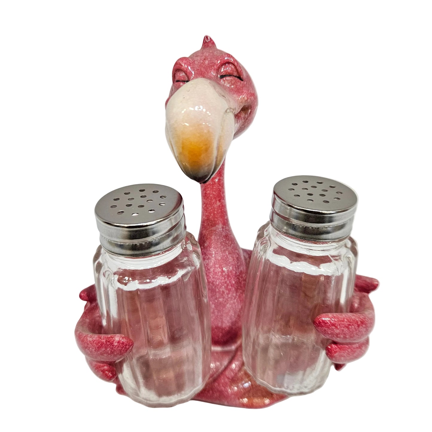 Flamingo set a resin holder holding two glass salt and pepper shakers