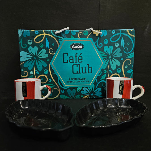 Cafe clubv 2 piece ceramic tea cups & 2 pieces leaf platter gift set