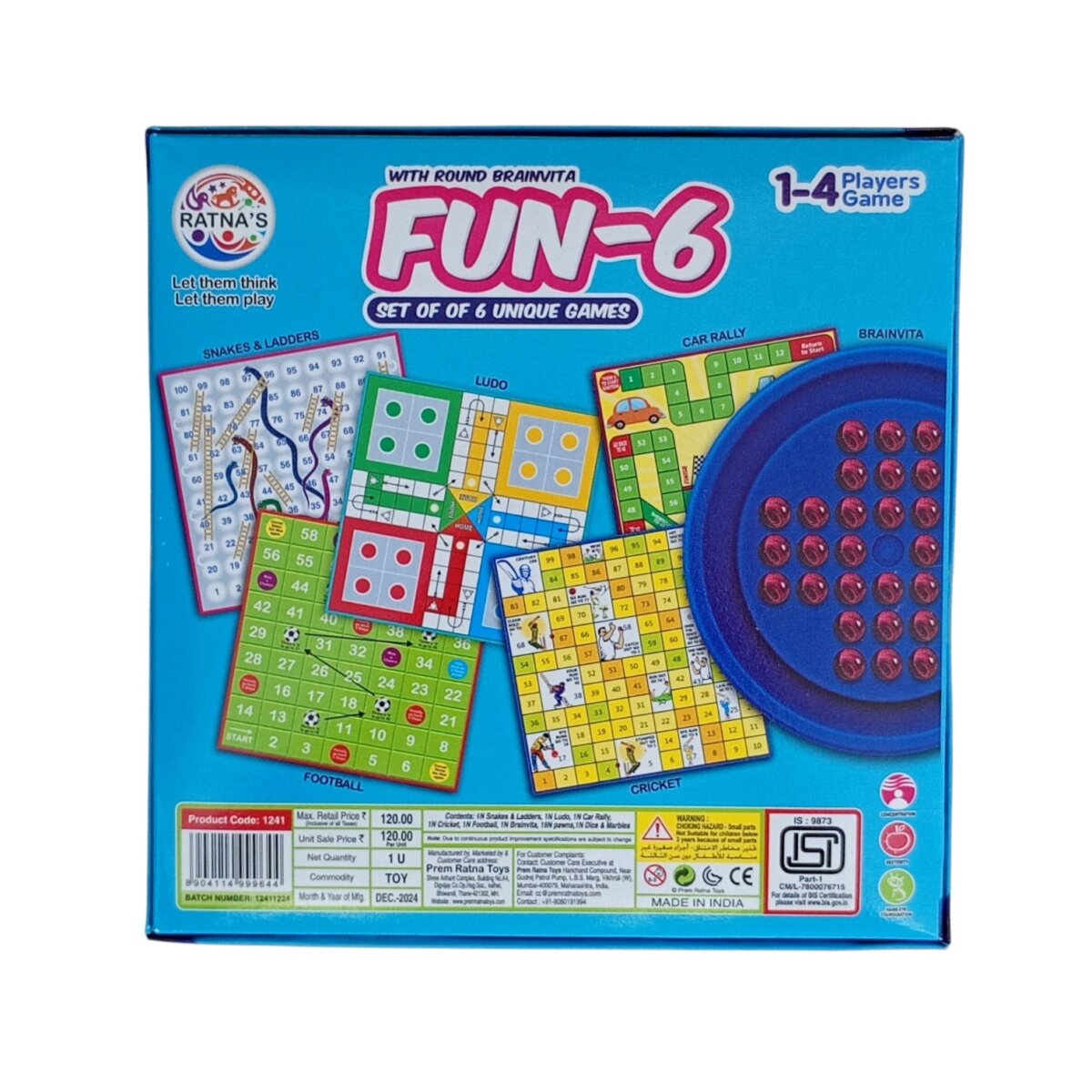 Ratnas Fun 6 Game with Round Brainvita Game | Classic Strategy Board Game Set for Kids and Families | Educational Thinking Skill Toy | 6-in-1 Puzzle and Brain Development Game | 5+ Years perfect for kids return gifting