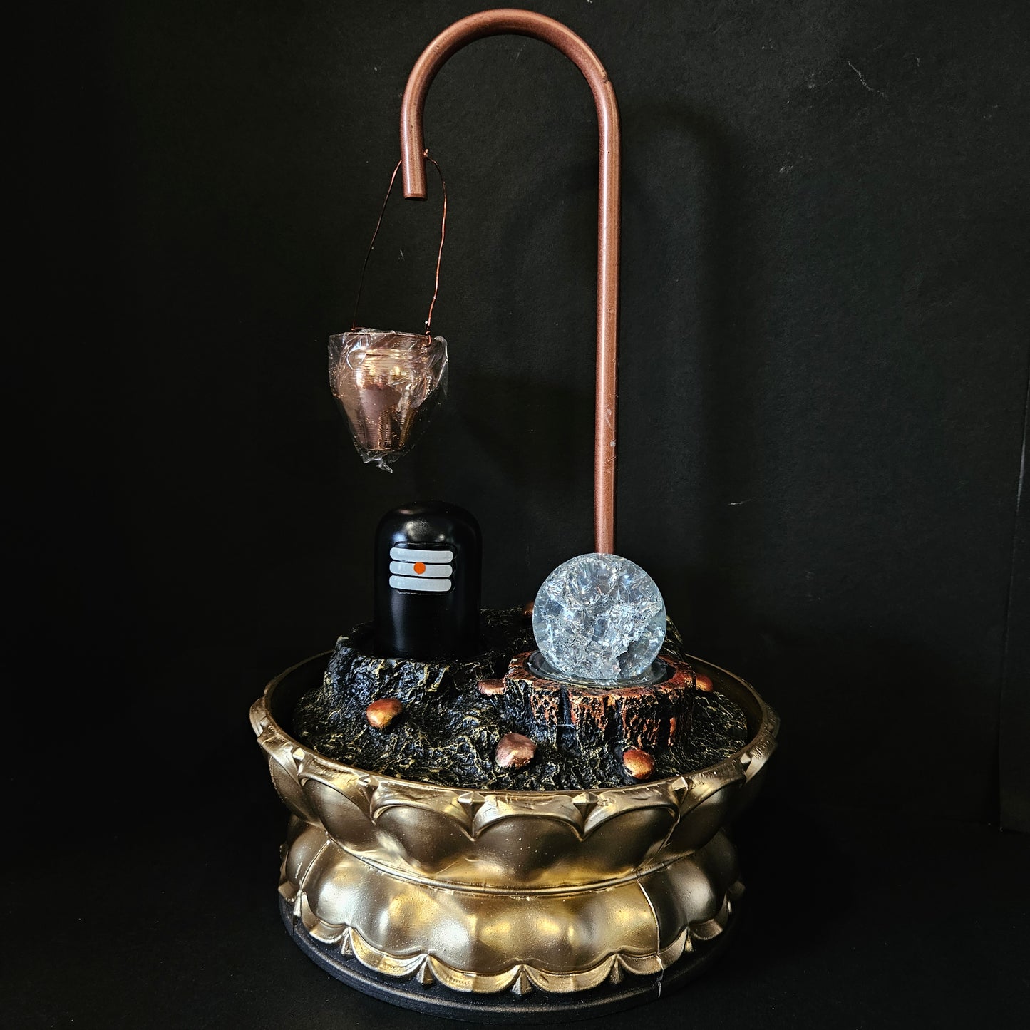 Copper Metal Shivling Water Fountain with Crystal Ball for Home Decor Showpiece Tabletop Waterfall Decoration Indoor & Outdoor