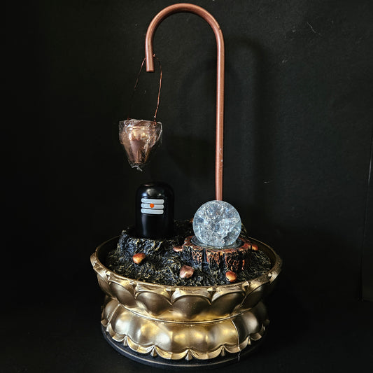 Copper Metal Shivling Water Fountain with Crystal Ball for Home Decor Showpiece Tabletop Waterfall Decoration Indoor & Outdoor
