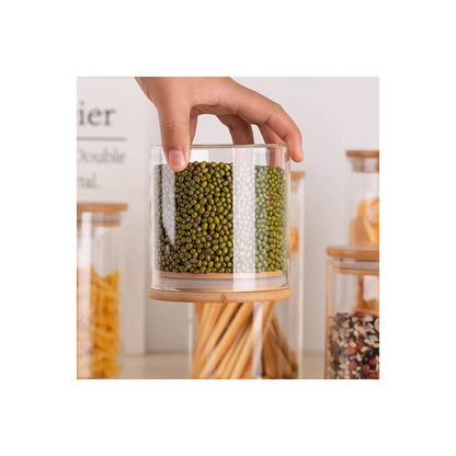 685ml Glass Jar With Wooden lid Round Shape Kitchen Food Storage Glass Jars & Containers with Wooden Lid - for Noodles, Flour, Cereal, Rice, Sugar, Tea, Coffee etc set