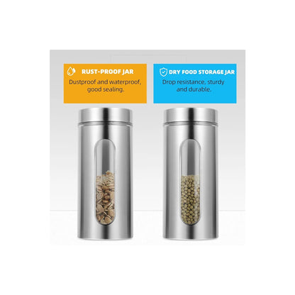 Stainless Steel Airtight Canister with Lid and Clear Window Food Storage Container Jars for Kitchen Counter Flour Coffee Bean Tea Cereal Sugar Cookie Storage Canister 1200ml
