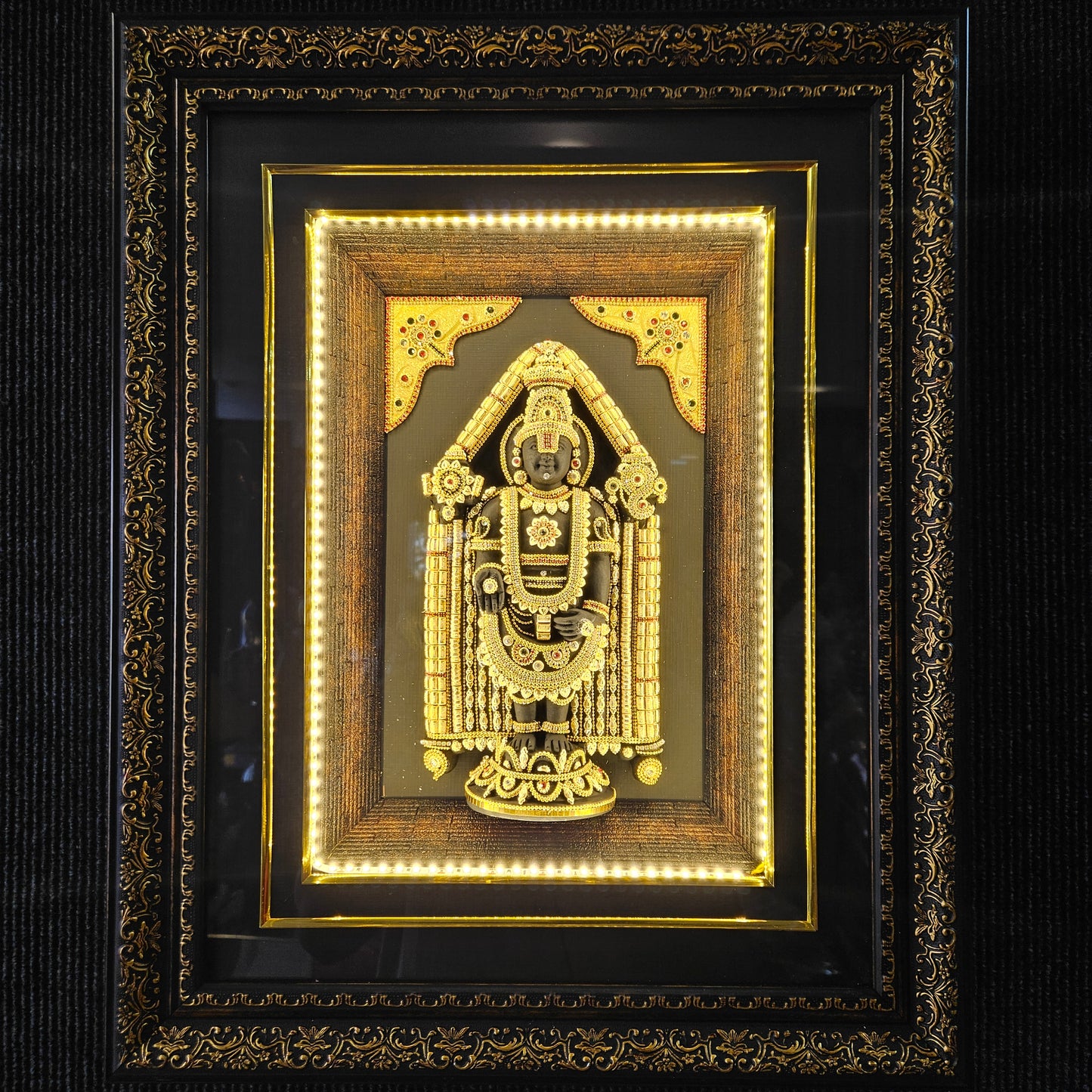 Lord Balaji decorated with stones lighting photo frame in a wooden Box