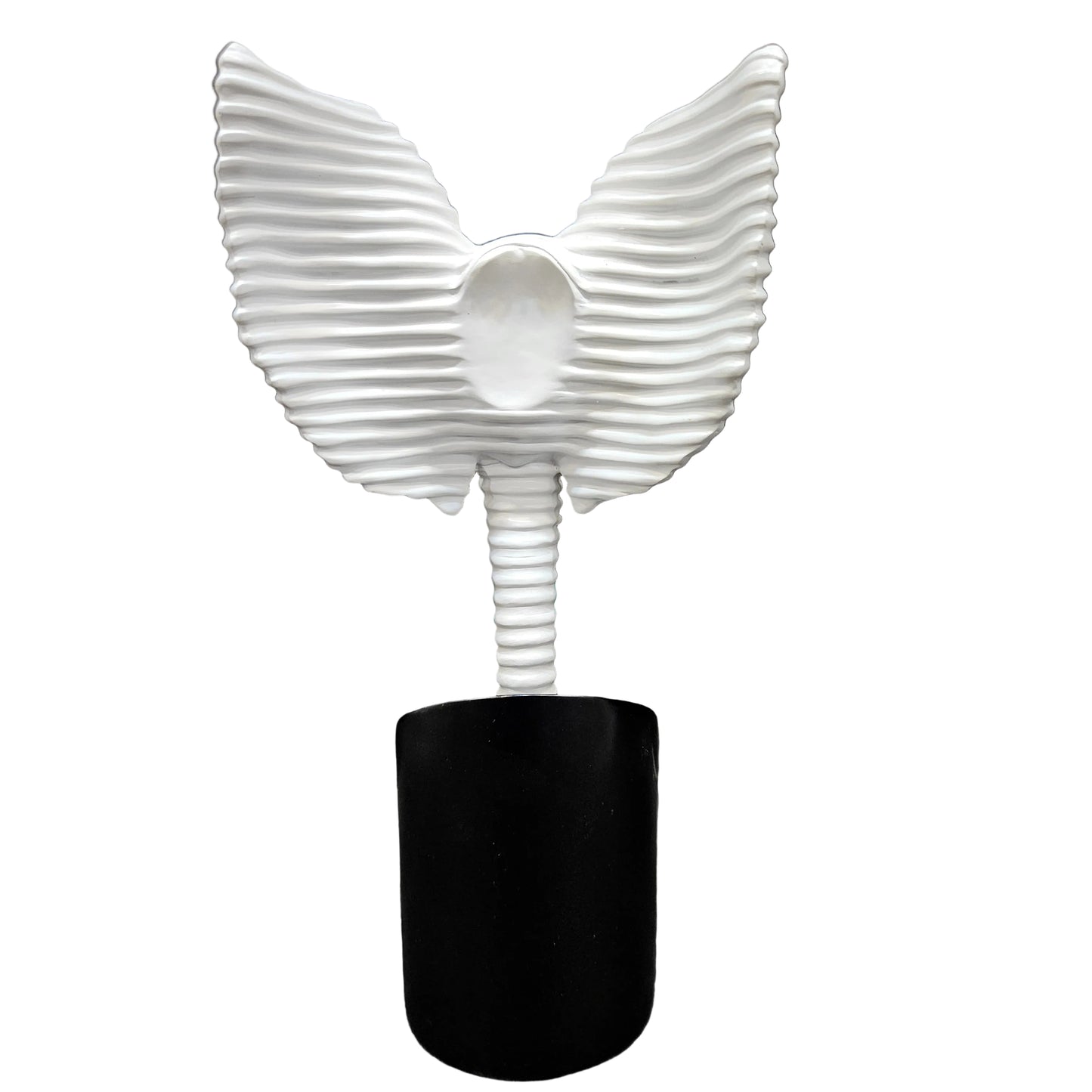 Decorative Elephant Sculpture, White Ribbed Design, Gold Accents, Black Base