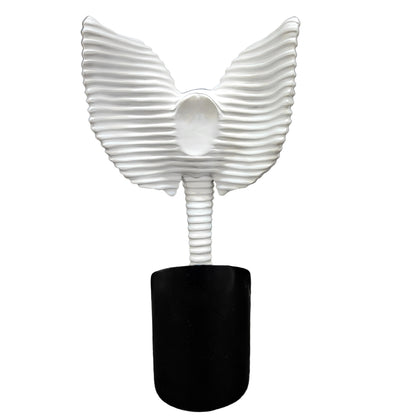 Decorative Elephant Sculpture, White Ribbed Design, Gold Accents, Black Base