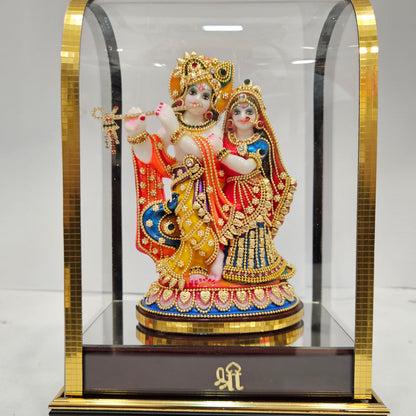Radha Krishna with cow Idol 24 carat gold Plated Statue Showpiece in transparent cabin Box