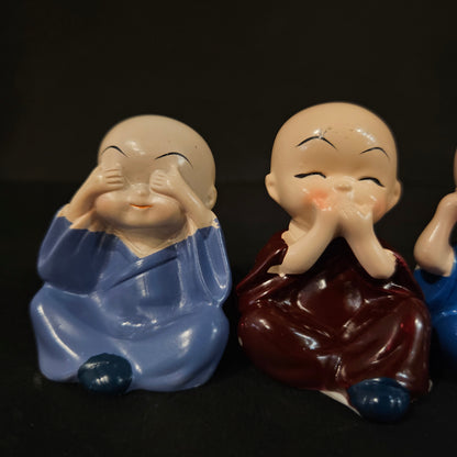 Think No Evil, Speak No Evil, Hear No Evil, See No Evil Set of 4 Baby Monk Buddha Statue with Hat Decorative Showpiece for car Dashboard, Home Office Decor & Gift Purpose
