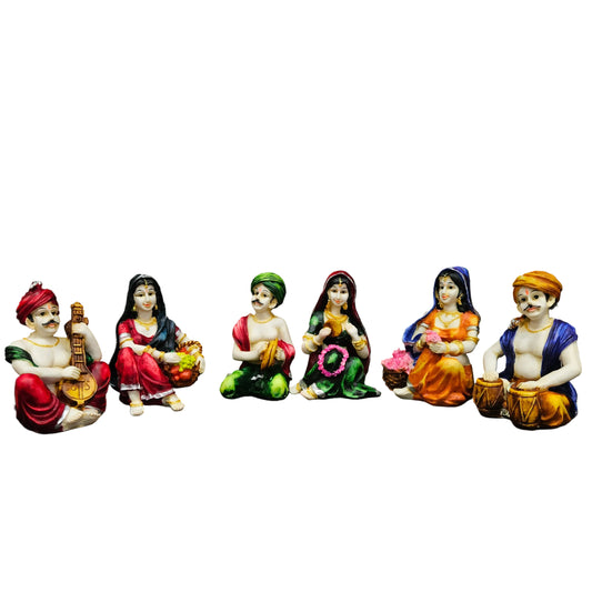 Rajasthani Showpiece figures 6pcs set Couple Man & Lady Playing Musical Instrument Home Decor Resin Traditional Village Decorative Showpiece Statue Living Room