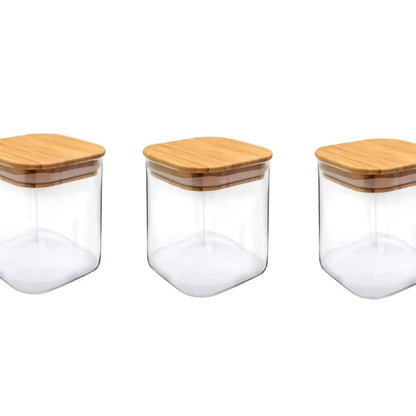 230ML Square Borosilicate Glass Jars With Silcone Seal Airtight Bamboo Lids Tea Container Clear Kitchen Storage Jar Square Containers For Sugar Tea Storage Jar Set Of 3