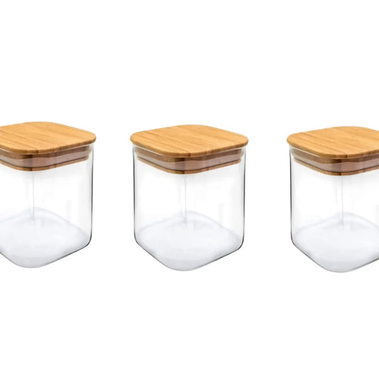 230ML Square Borosilicate Glass Jars With Silcone Seal Airtight Bamboo Lids Tea Container Clear Kitchen Storage Jar Square Containers For Sugar Tea Storage Jar Set Of 3