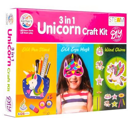 Unicorn Craft Kit 3-in-1 EVA DIY Kit | Create Pen Stand, Wind Chime & Eye Mask | Art & Craft Activity for Kids, Men & Women | Toy for Ages 5+