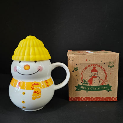Cute Snowmans Santa Clause, Christmas with Silicon Lid Cover, Cartoon Print Ceramic for Tea/Coffee/Milk, Ceramic Snowman cup Ceramic Coffee Mug