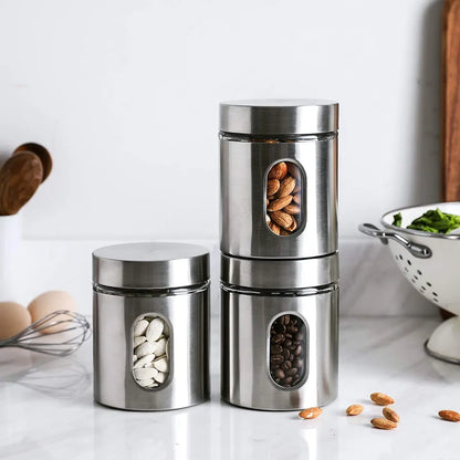 Brushed Stainless Steel and Glass Canister with Window Set of 3 piece Storage Containers