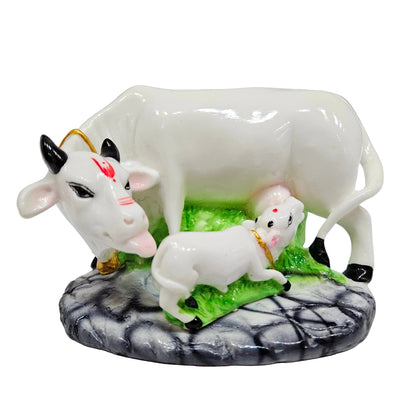 Polyresin small size Kamdhenu Cow with Calf Idol Statue for Pooja Home Temple Décor Gift