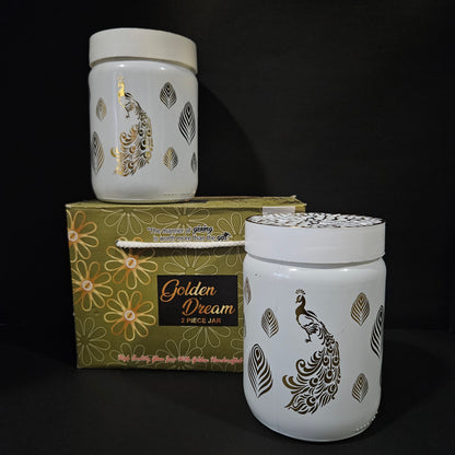 Golden Dream 2 piece jar ser with attractive peacock & feathers designer on it groceries storage containers