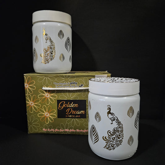 Golden Dream 2 piece jar ser with attractive peacock & feathers designer on it groceries storage containers