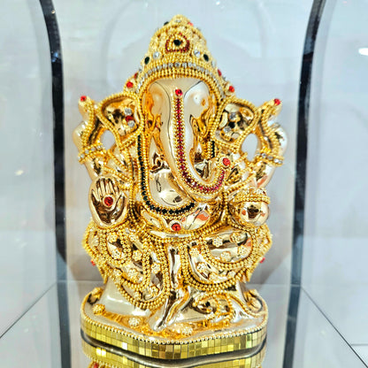Imported 24carat Gold Plated Cabin Idol with stones Decorated of Ganesha with Full Decorate for Puja Room Or Home Decor
