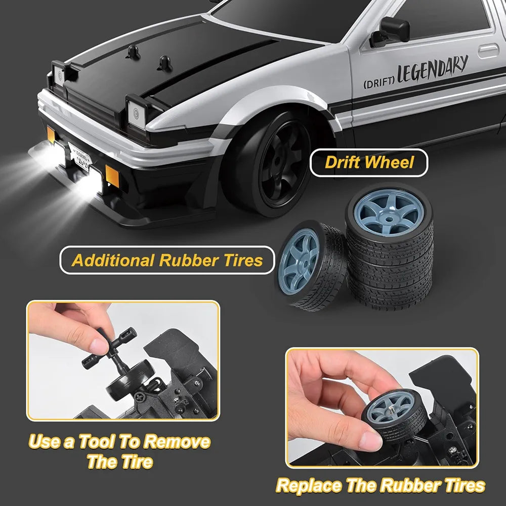 Moka RC Drift Car 1/16 Scale 2.4Ghz Remote Control Car, 18KM/H High Speed Drift RC Cars for Boys, Sport Racing Cars with 2 Batteries and 4 Drifting Tires, RTR RC Drift Racing Car with LED Lights
