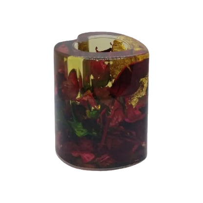 Resin pen stand features embedded red rose petals and gold flakes, arranged in a heart shape