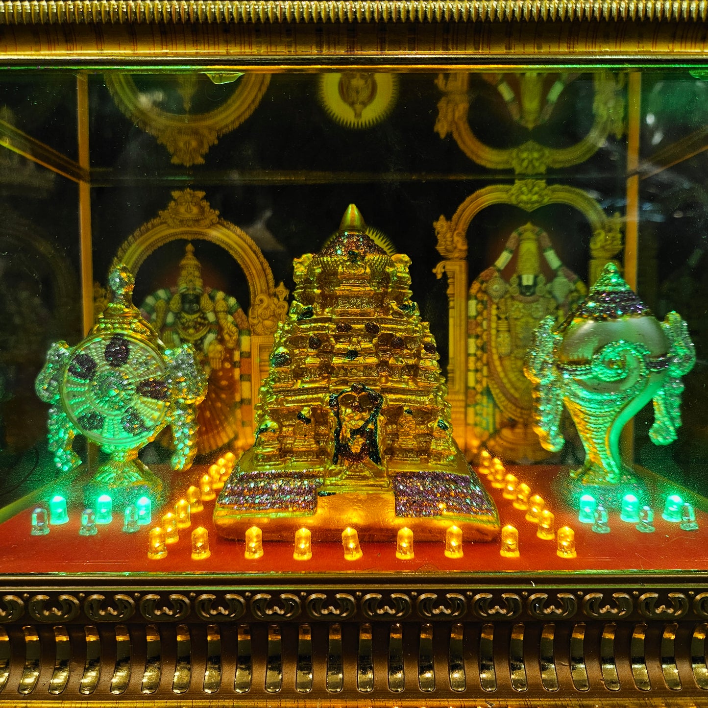 Tirupati Gopuram,shank&Chakra decorated with attractive stones,slokam & multi colour lighting Cabin idol perfect for Marriage gifting,house warming