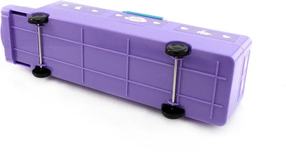 Purple pencil box shaped like a train or bus, designed for children. Additional detaIt has wheels, possibly for play.
The box features cartoon-like graphics with the word "SAUCE" visible.
It includes compartments and may have a built-in sharpener.