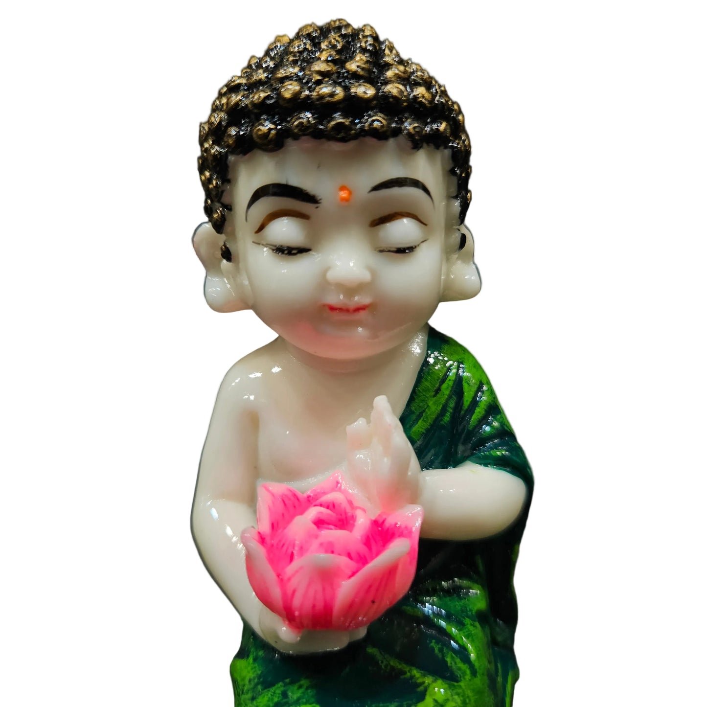 Baby Monk with Lotus Green Robe Zen Enlightenment Idol Statue Showpiece Figurine