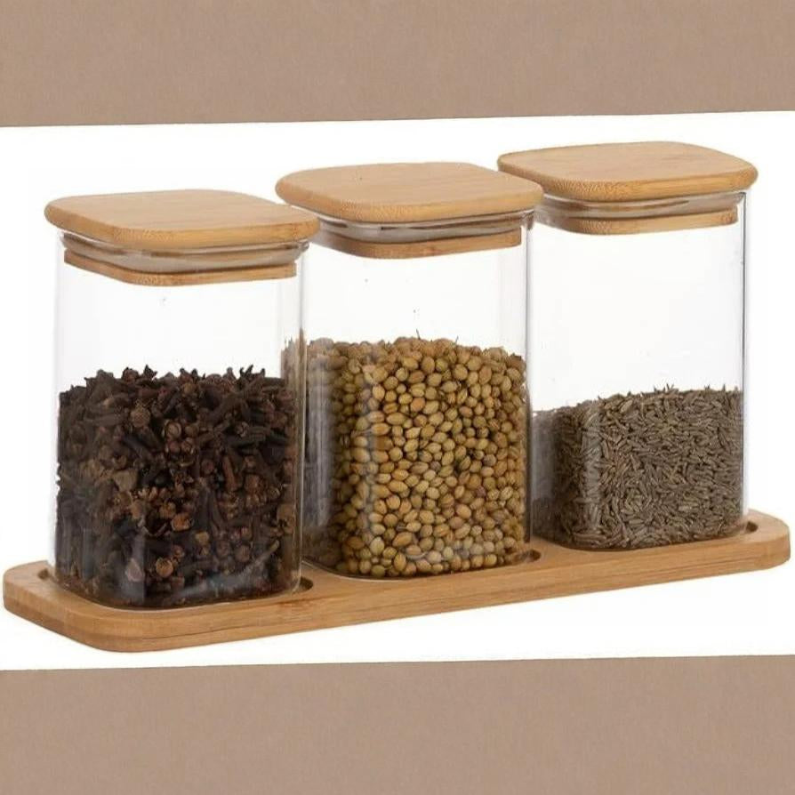 Glass Small Jar Set With Wooden Lid And Tray For Storing Spices Ghee Pickle Masalas Storage Jar Kitchen Organizer 280ml,Pack of 3 Jar