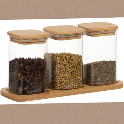 Glass Small Jar Set With Wooden Lid And Tray For Storing Spices Ghee Pickle Masalas Storage Jar Kitchen Organizer 280ml,Pack of 3 Jar