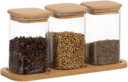 Glass Small Jar Set With Wooden Lid And Tray For Storing Spices Ghee Pickle Masalas Storage Jar Kitchen Organizer 280ml,Pack of 3 Jar