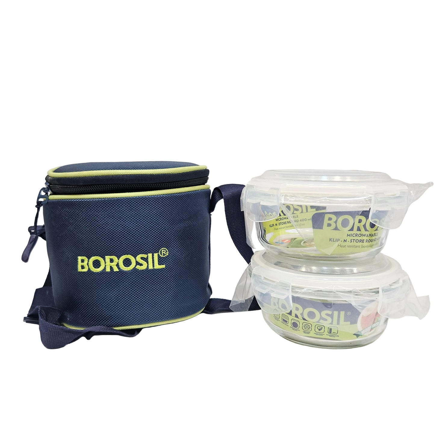 Borosil 2pcs set 400ml Microwaveable Glass round Lunch box with airtight lids