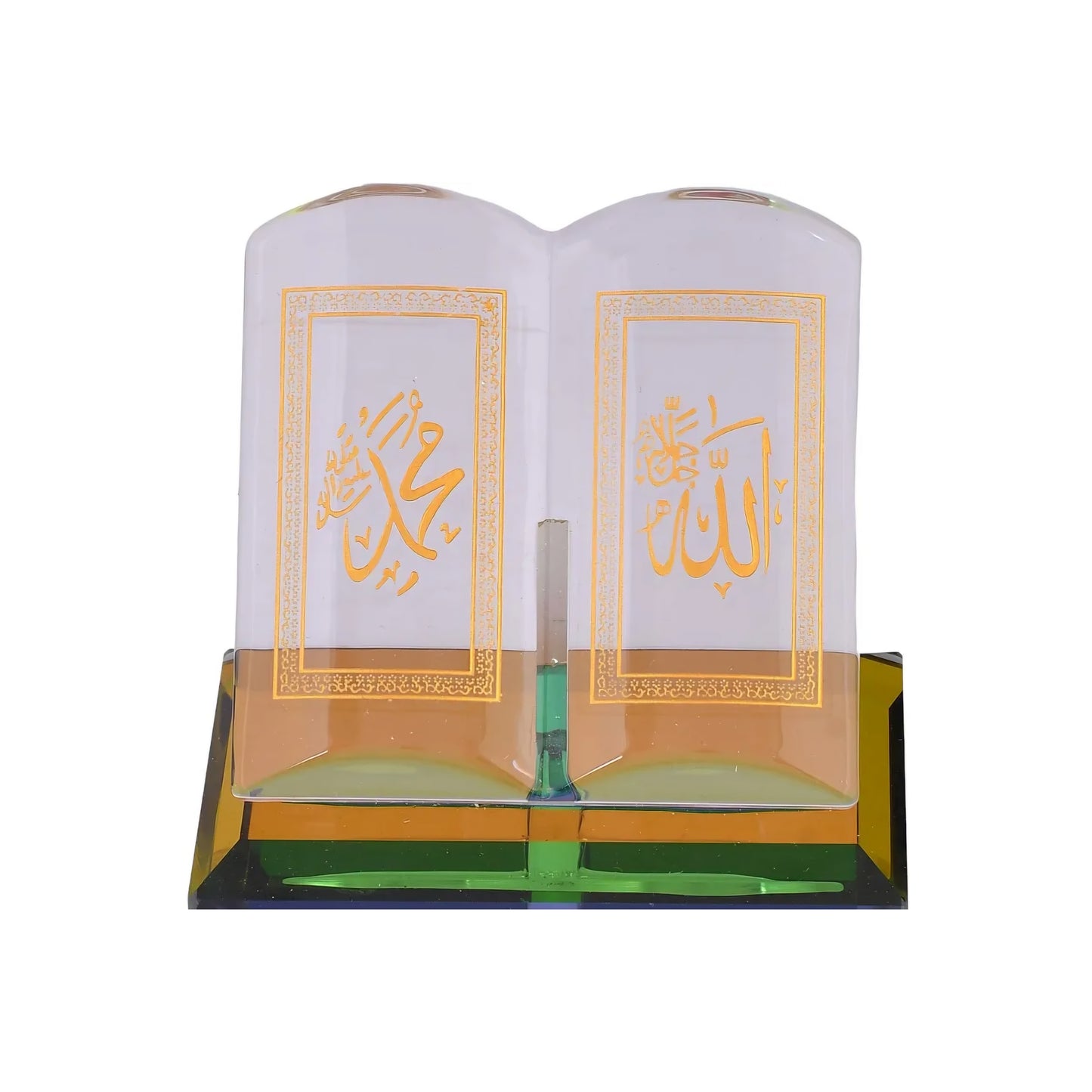 Crystal Glass Holy Quran Collectible Showpiece - Divine Names Allah and Mohammed, Desktop Decor