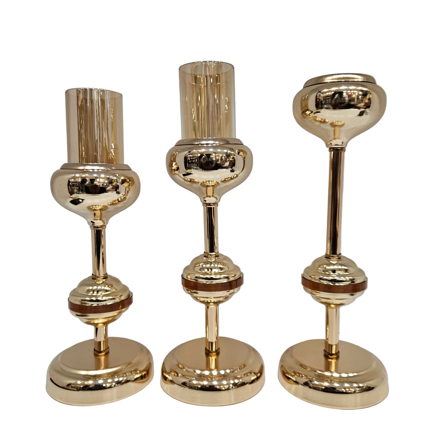 Metal candle holder 3pcs set elegant, antique European-inspired designs with amber glass hurricane cylinders