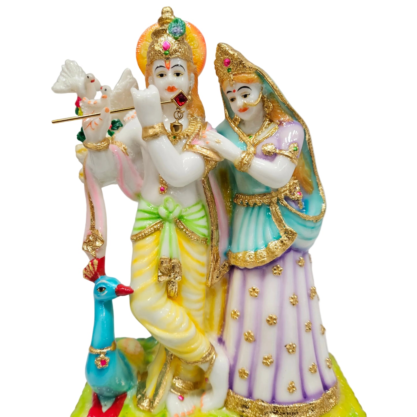 Gold Plated Radha Krishna Murti Cultured Marble with Peacock, Radha Krishna Statue for Home Decor
