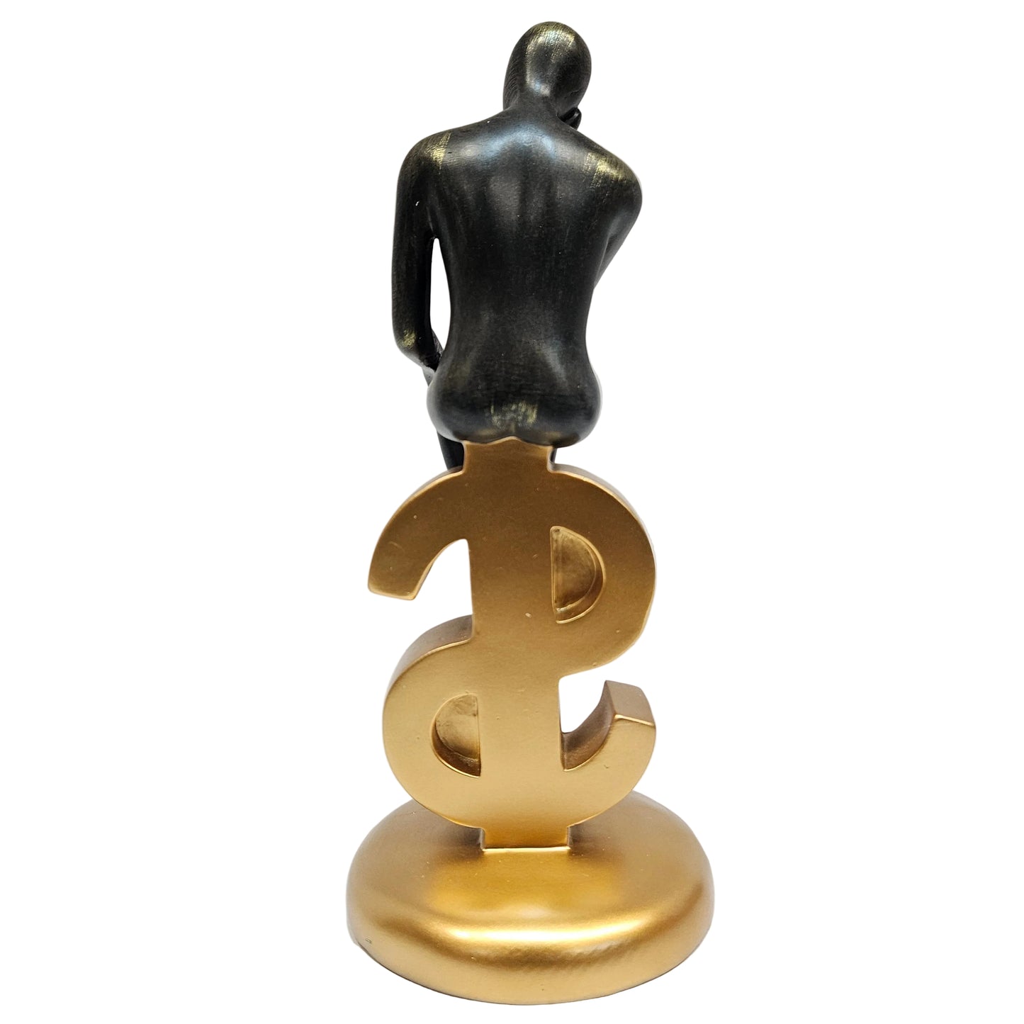 Modern abstract "Thinker" statue a man  sitting on top of a gold dollar sign base