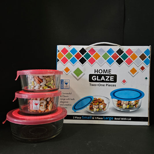 Shelly Glassware Home Glaze Two plus one pieces,2 pieces small & 1 piece Large Bowl with Lid perfect for Return gifting