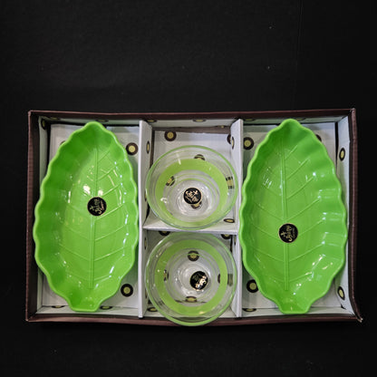 Jaina continental new generation glassware 2 bowls & 2 leaf platter set perfect for Return gifting purpose