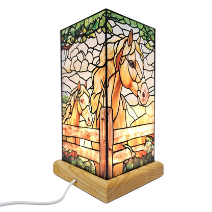 Beautiful stained glass style rectangular table lamp featuring two horses. It blends rustic equestrian themes with artistic lighting, making it an excellent statement piece for home decor
