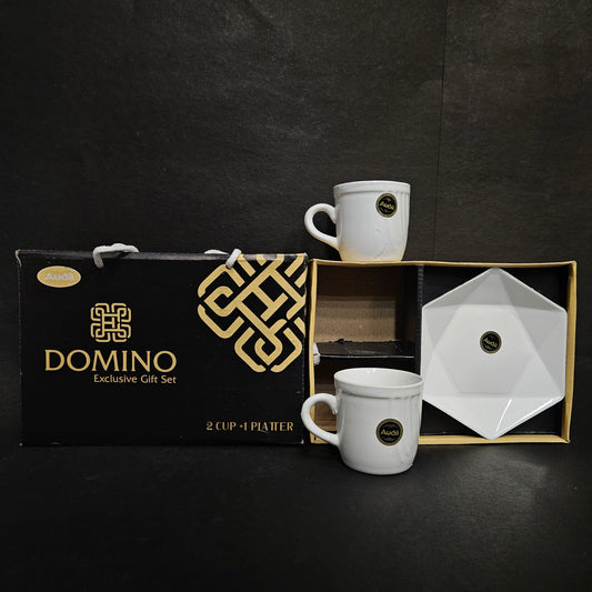 Domino Exclusive gift set of 2 Ceramic tea cups & 1 serving platter for Return gift