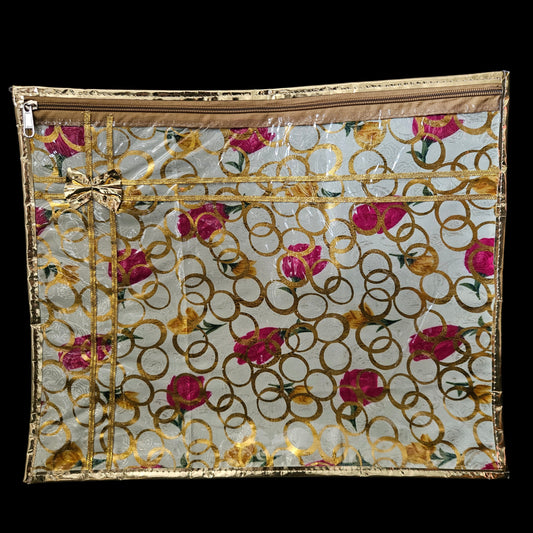 Classy gold finish & Flowers Designer Transparent Zipper Saree storage bag